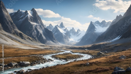 A glacial valley surrounded by rugged mountain peaks. Generative AI