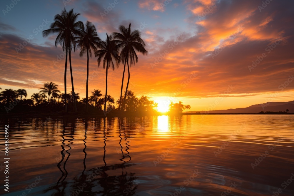 paddleboard against a sunset with tropical palm trees paddleboard against a sunset with tropical palm trees
