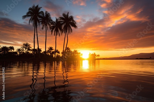 paddleboard against a sunset with tropical palm trees © Alfazet Chronicles