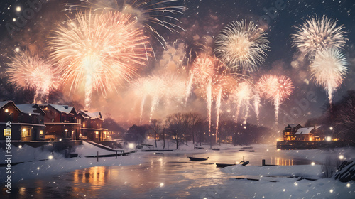 New year's eve fireworks over snowy town