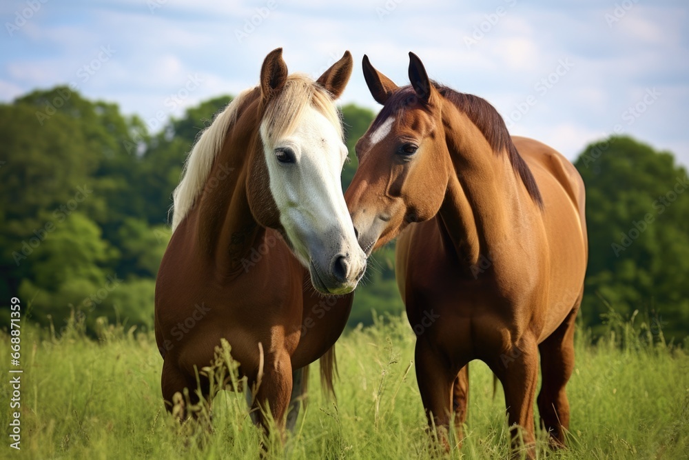 two horses nuzzling each other in a field