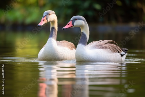 two geese oblivious to each other on a big pond