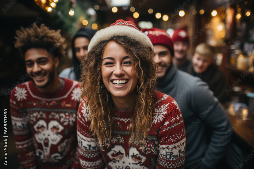 A group of friends in the UK donning festive Christmas jumpers, partaking in the 