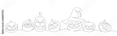 Vector graphic pumpkins in one line technique in a set for Halloween
