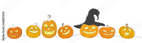 Colored vector illustration with stylized Halloween pumpkins and hat