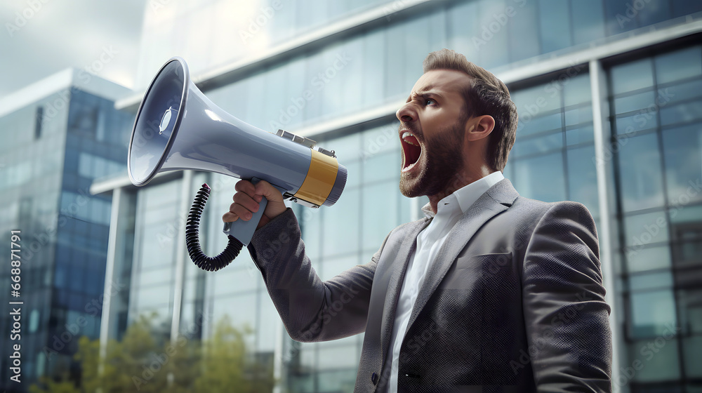 businessman with megaphone shouting outside of an office building businessman with megaphone shouting outside of an office building