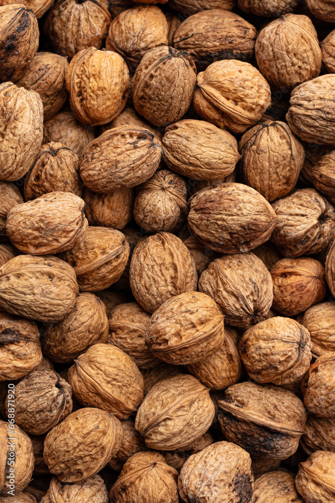several walnuts in shell seen from above several walnuts in shell seen from above
