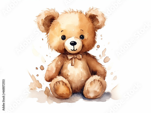 Watercolor illustration of cute funny smile bear toy on white background © Nata789