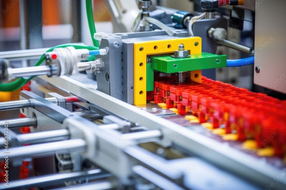 close-up of toy brick exiting the molding machine