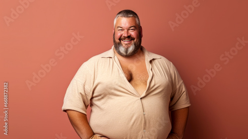 Portrait of a smiling fat man in a gray t-shirt.