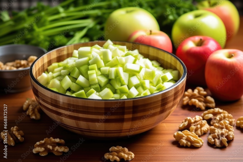 stirring chopped celery, apples, and walnuts in a bowl stirring chopped celery, apples, and walnuts in a bowl