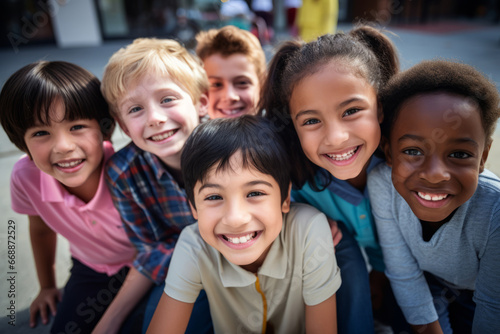 crowd of joyful children in the schoolyard, the joy of good studies, school as a pleasant environment for development