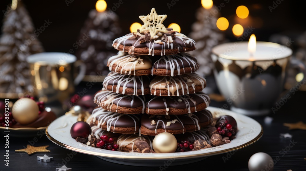 Festive chocolate cookies in the shape of a Christmas tree