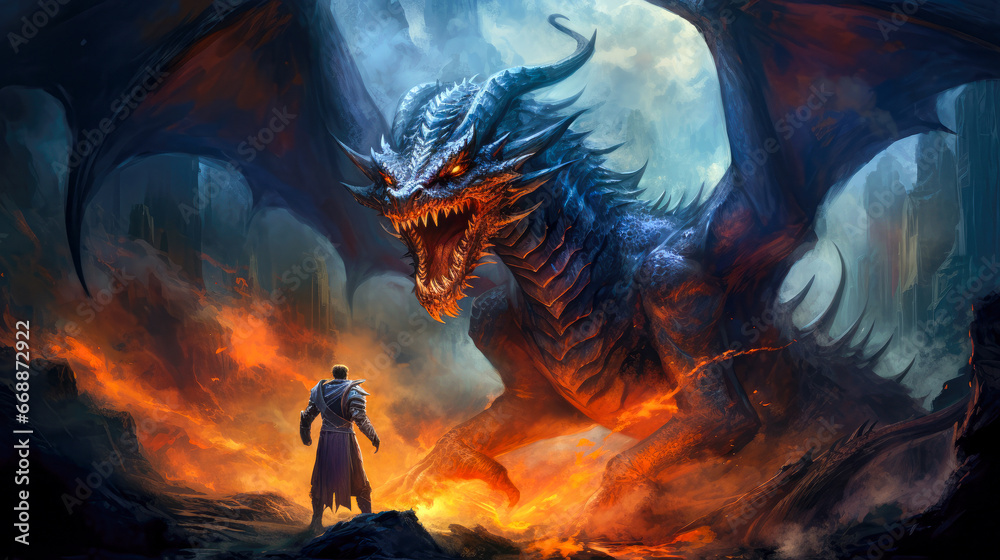 fantasy dragon and a knight in a cave - obrazy, fototapety, plakaty 