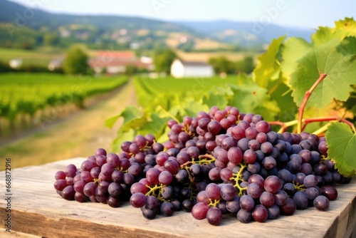 freshly picked grapes against backdrop of empty vineyard