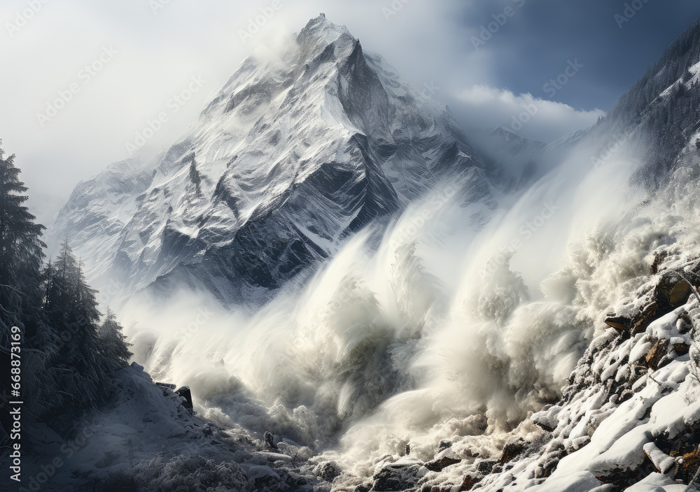 A Snow Storm or Avalanche Poster, Capturing the Raging Whisper of Winter's Deadly Embrace, Crafted by Generative AI A Snow Storm or Avalanche Poster, Capturing the Raging Whisper of Winter's Deadly Embrace, Crafted by Generative AI