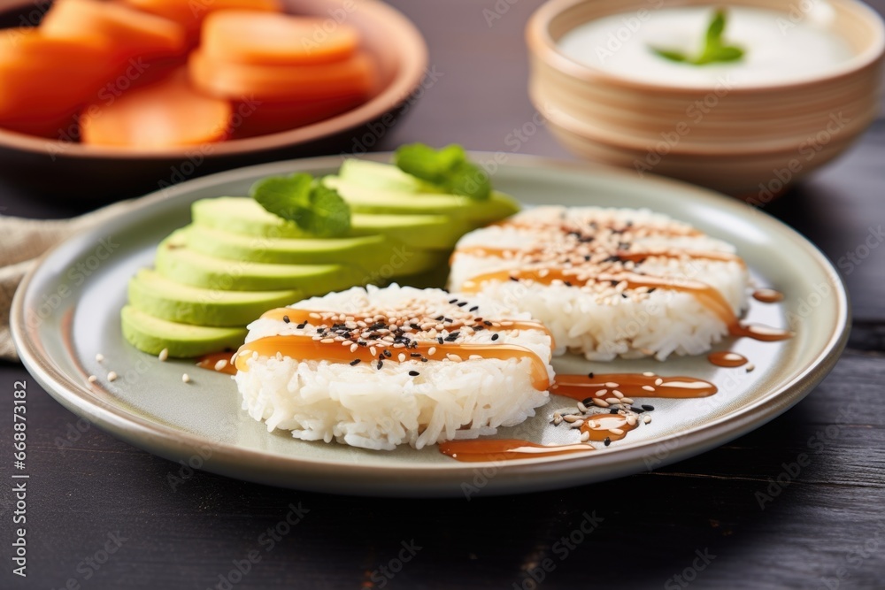 a plate with rice cake and avocado mix, sprinkled with sesame seeds
