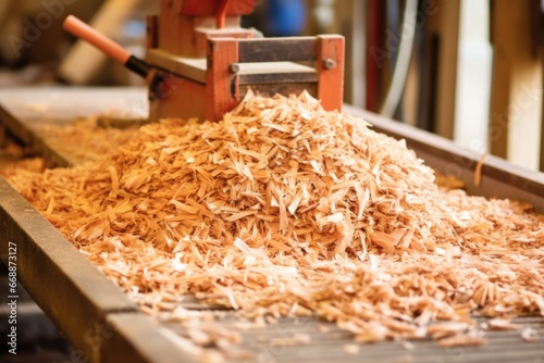 wood shavings on planing stop bench
