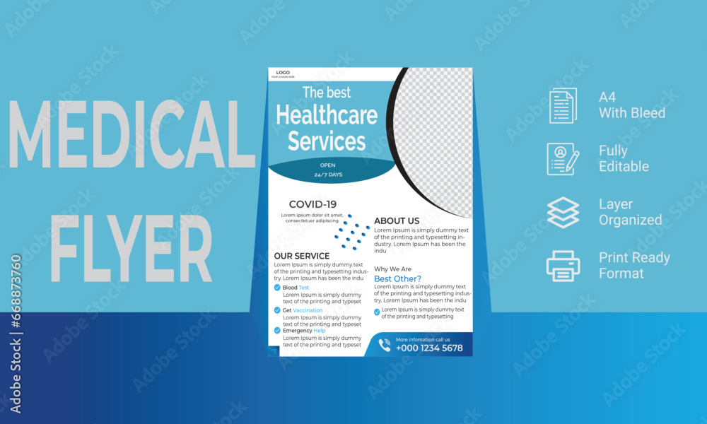 Naklejka premium medical flyer design template , medical flyer layout editable vector file, A4 size design template.