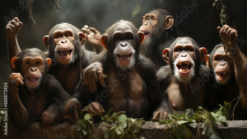 Wild animal family: Laughing and happy monkey community captured in close-up portrait