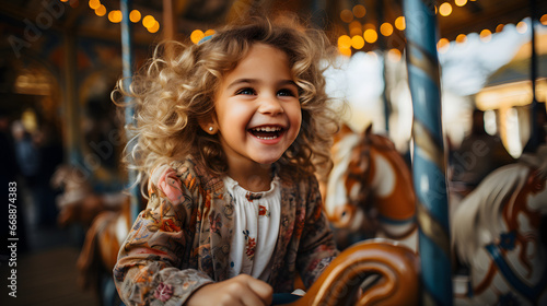  A happy young girl expressing excitement while on a colorful carousel, merry-go-round, having fun at an amusement park
