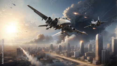 air strike over city by a fighter jet plane photo photo