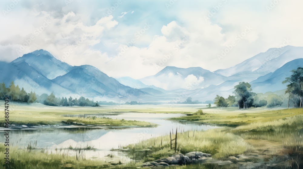 Obraz premium Beautiful watercolor painting of a scenic natural landscape