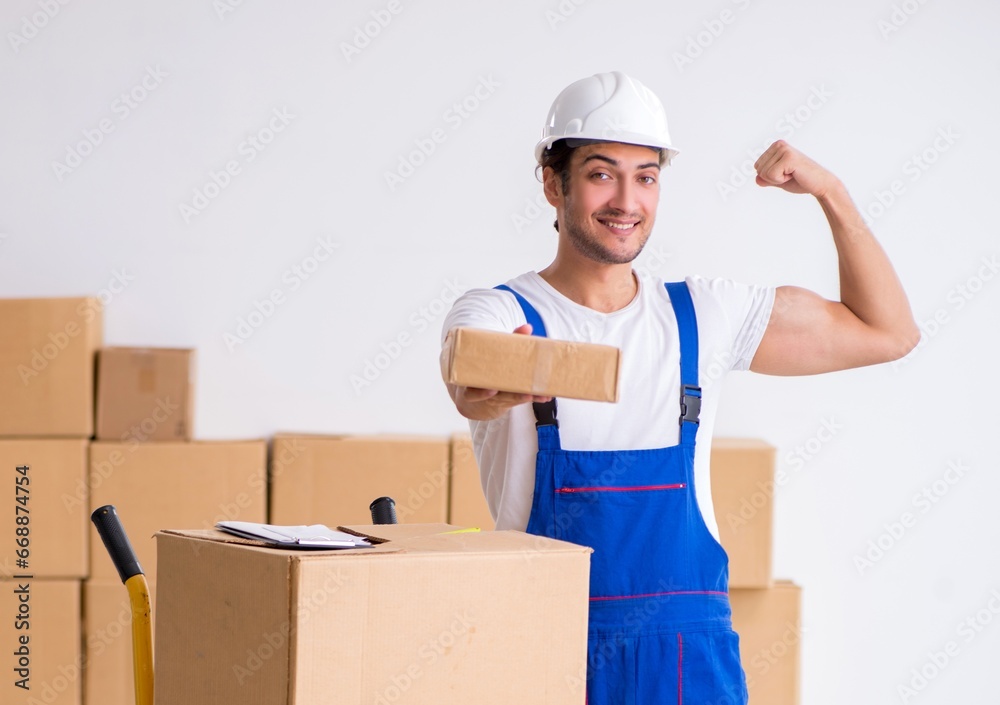 Young male professional mover doing home relocation Young male professional mover doing home relocation