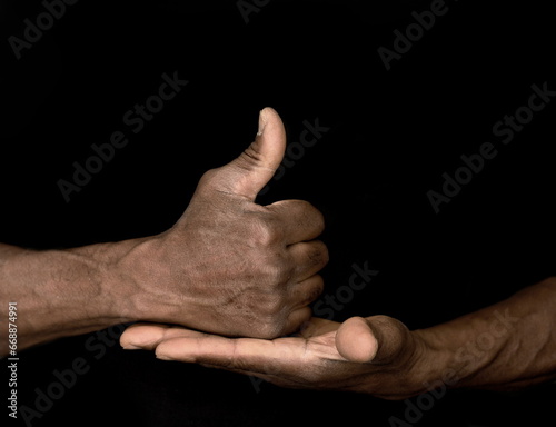 sign language with hand gestures speaking body language with people on black background stock image stock photo