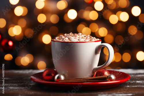 Christmas white cup of hot chocolate on the table with blurred lights background