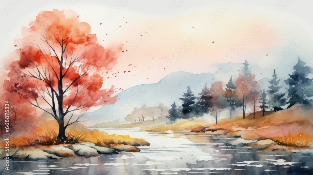 Watercolor landscape painting showcasing the beauty of nature, abundant with lush trees and flowing rivers, vibrant in color, during both morning and evening, when the sun is shining.