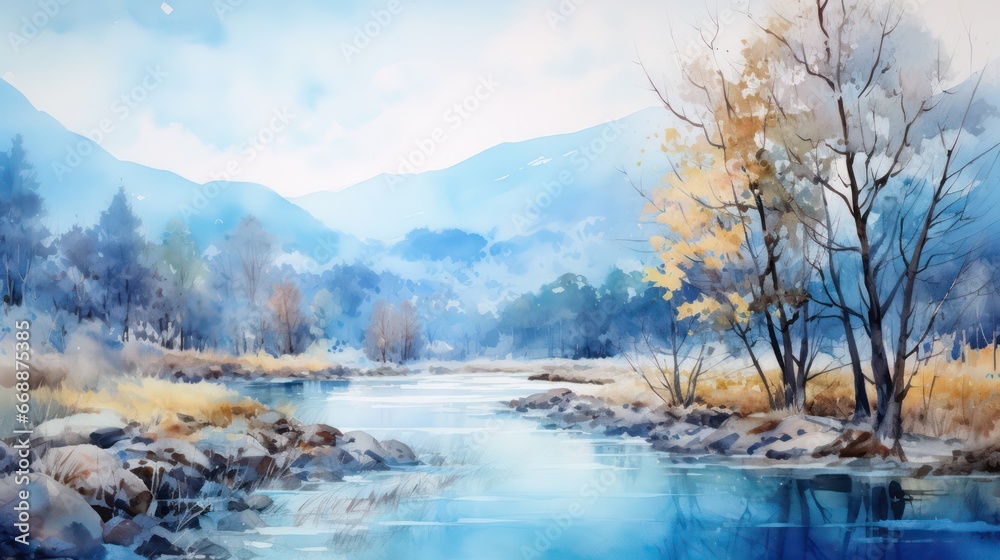 Beautiful watercolor painting of a lush natural landscape, filled with dense trees, flowing rivers, vibrant colors, in the morning and evening, when the sun is shining.