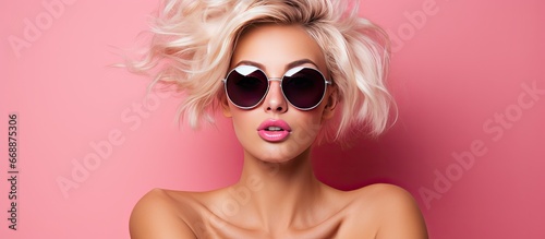 Blonde with sunglasses alarm clock pink background