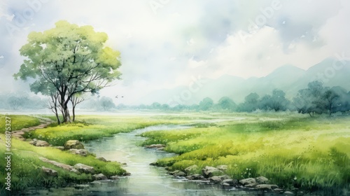 Watercolor landscape painting showcasing the beauty of nature  abundant with lush trees and flowing rivers  vibrant in color  during both morning and evening  when the sun is shining.