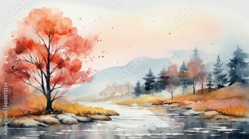 Watercolor landscape painting showcasing the beauty of nature, abundant with lush trees and flowing rivers, vibrant in color, during both morning and evening, when the sun is shining.