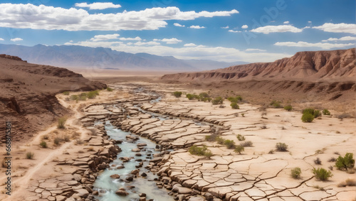 A winding dry riverbed in an arid landscape. Generative AI
