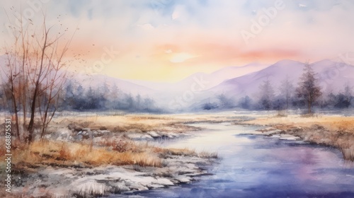 Watercolor portrayal of a breathtaking natural landscape, teeming with lush trees, meandering rivers, lively colors, in the morning and evening, when the sun is shining, perfect for wall art and print