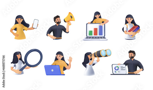 Set of people, men and women read book, work on laptop, search with magnifier, communicate, 3D illustration. Vector graphic objects for collages and illustrations. Modern colorful 3D cartoon style