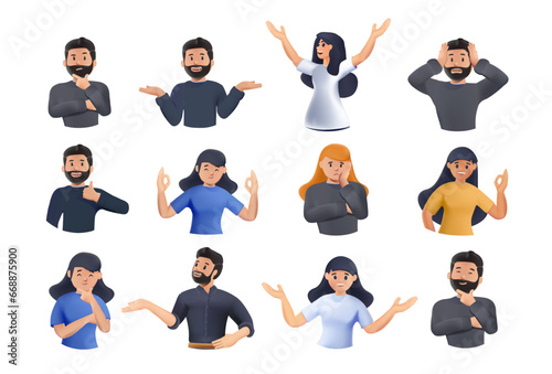 Big collection of various people's facial emotion expression, happy, sad, shocked, scared, angry, laughing, crying, etc 3D. 3D illustration, cartoon characters set