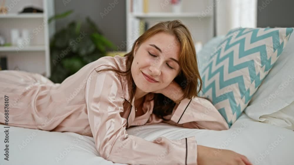 Young woman smiling confident lying on bed at bedroom Young woman smiling confident lying on bed at bedroom