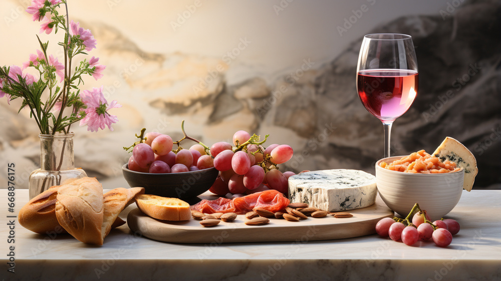 glass with wine and fresh ripe grapes on wooden table