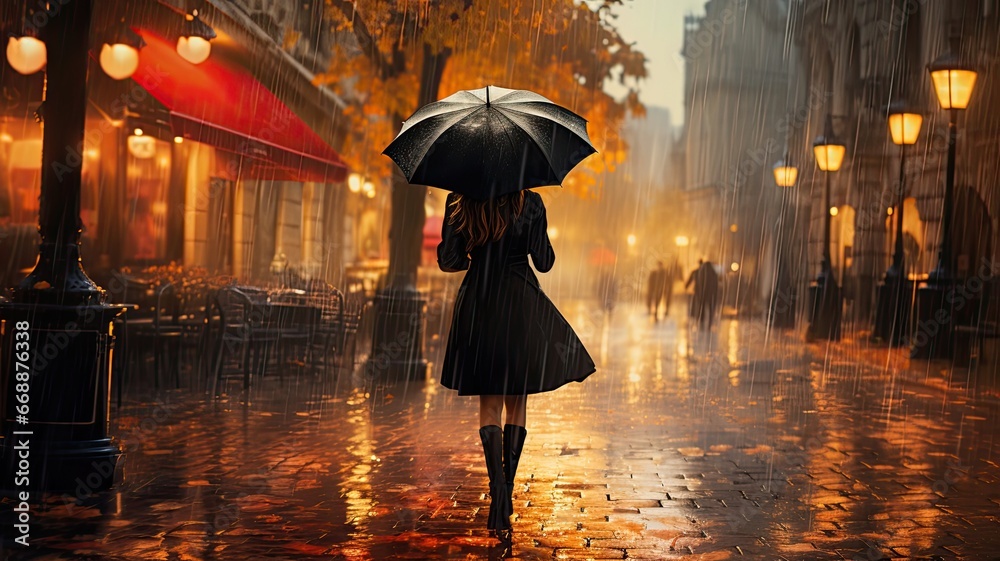 Girl with umbrella walking under the rain - obrazy, fototapety, plakaty 