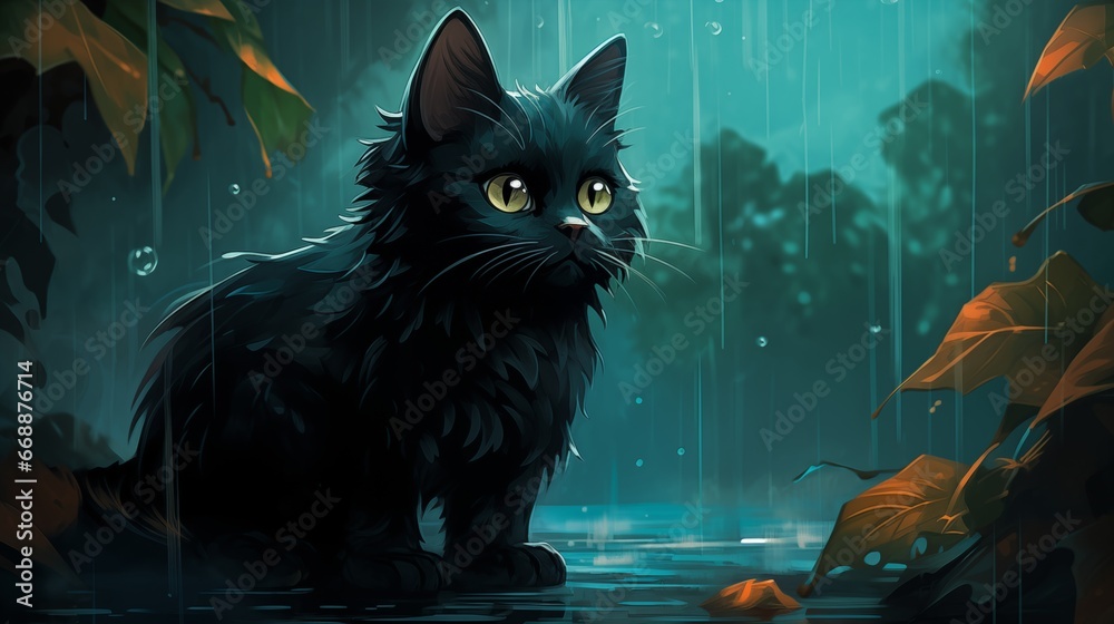 black cat sitting under a rainy waterfall. Fantasy concept , Illustration painting. black cat sitting under a rainy waterfall. Fantasy concept , Illustration painting.