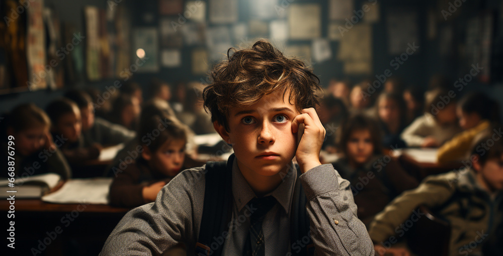 portrait of tired student boy sitting in classroom and looking at camera.