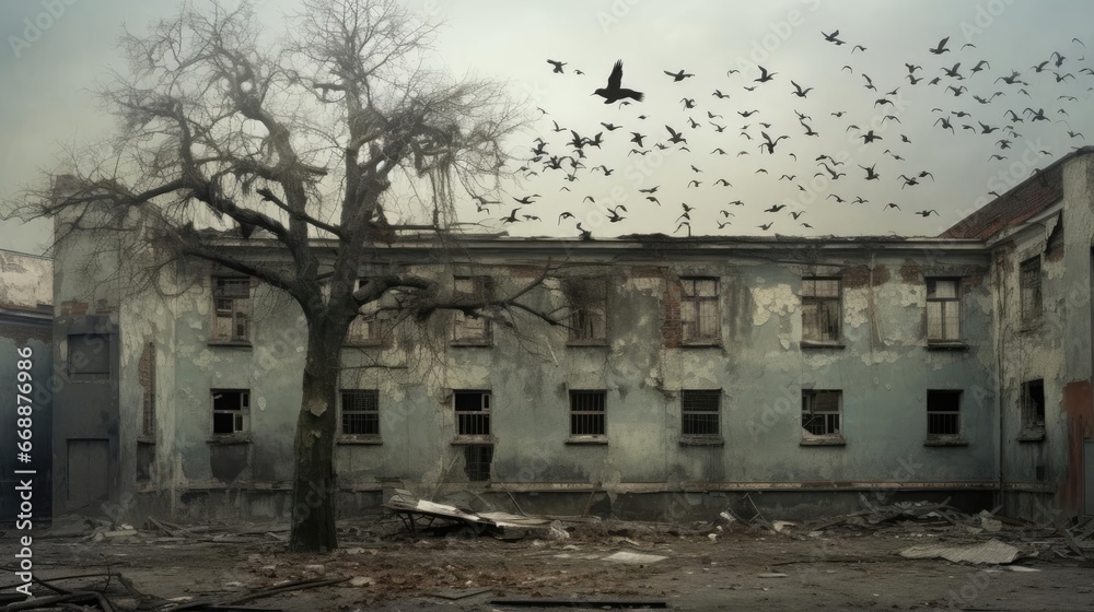 Crows in a ruined school building
