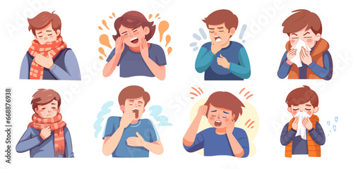 A collection of young male characters expressing the symptoms of colds and flu: sneezing, coughing and fever. Flat vector illustration isolated on white background