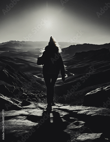 sagoma di donna vista di spalle che cammina su un sentiro di montagna roccioso, ampia vallata come sfondo, sole al tramonto photo