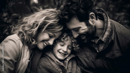 Portrait of a beautiful happy family. Black and white