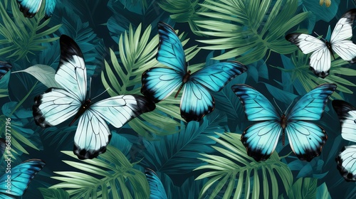 Blue butterflies on a dark background with green rainforest plants. Design for web  wrapping paper  cover  textile  fabric  wallpaper. Image generated with AI