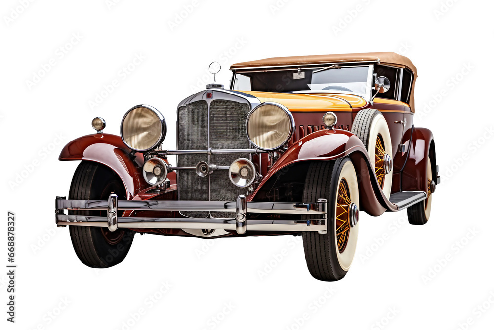 Antique Car Restored to Former Glory on transparent background.